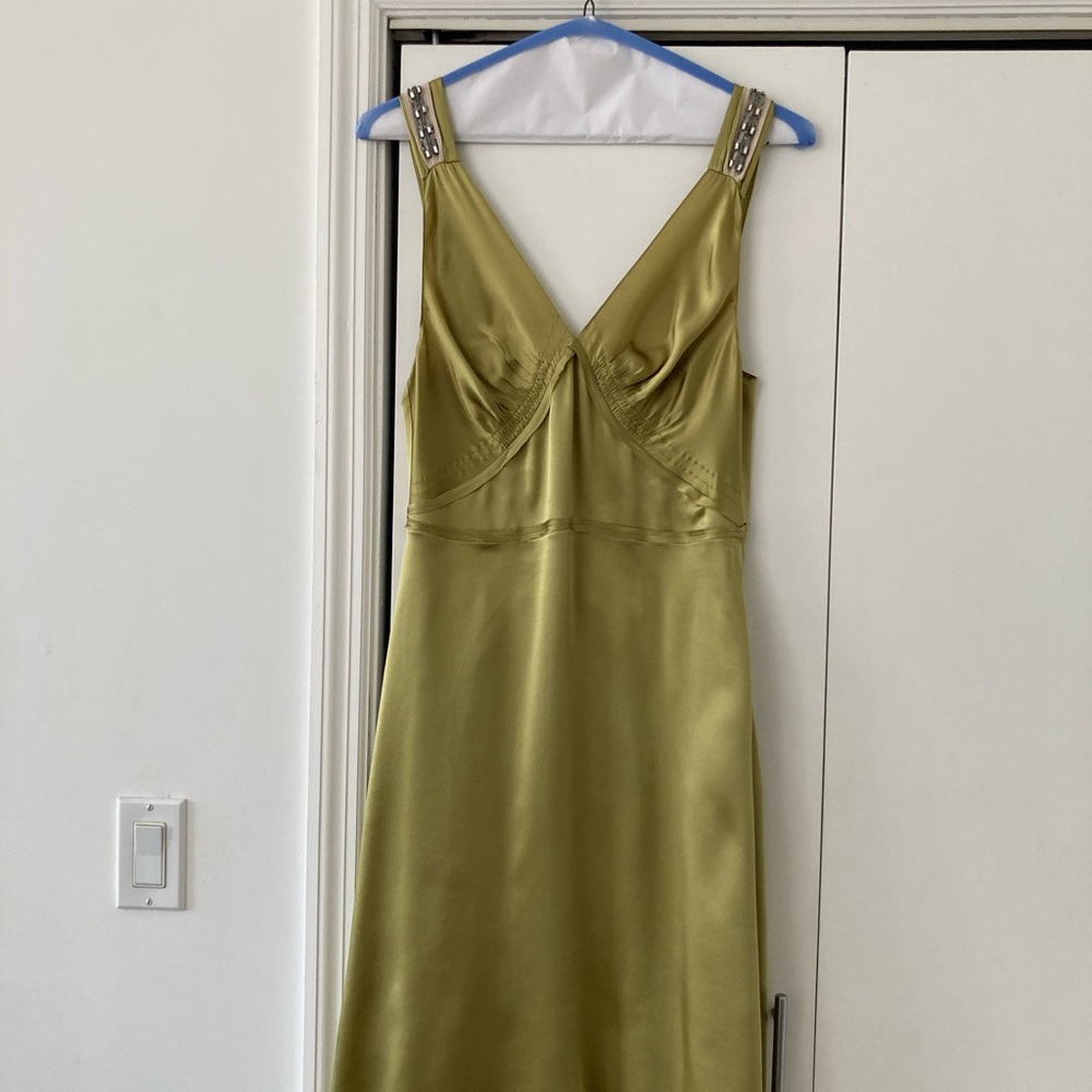 Chloe chartreuse green satin midi cocktail dress